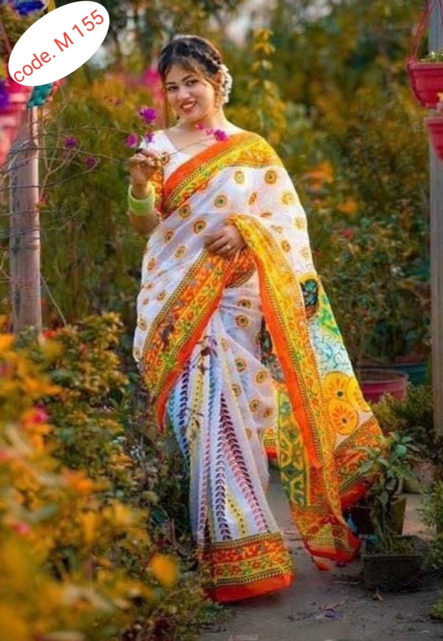 Half silk saree skin print kaj  code M 155