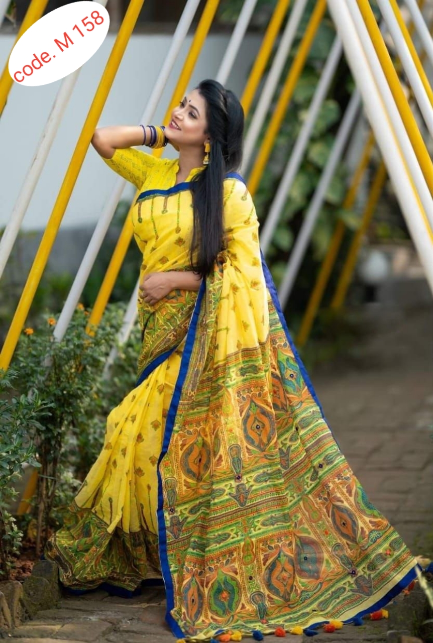 Half silk saree skin print kaj  code M 158