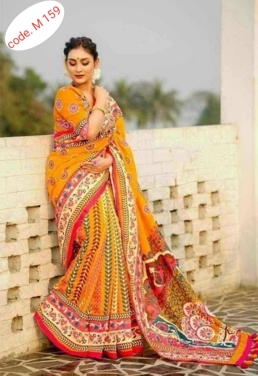 Half silk saree skin print kaj  code M 159