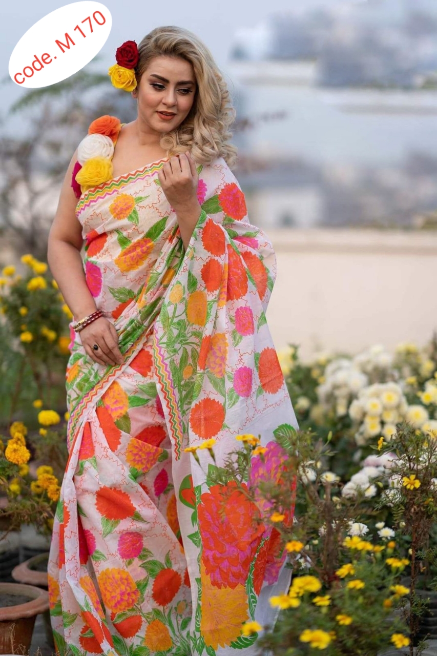 Half silk saree skin print kaj  code M 170