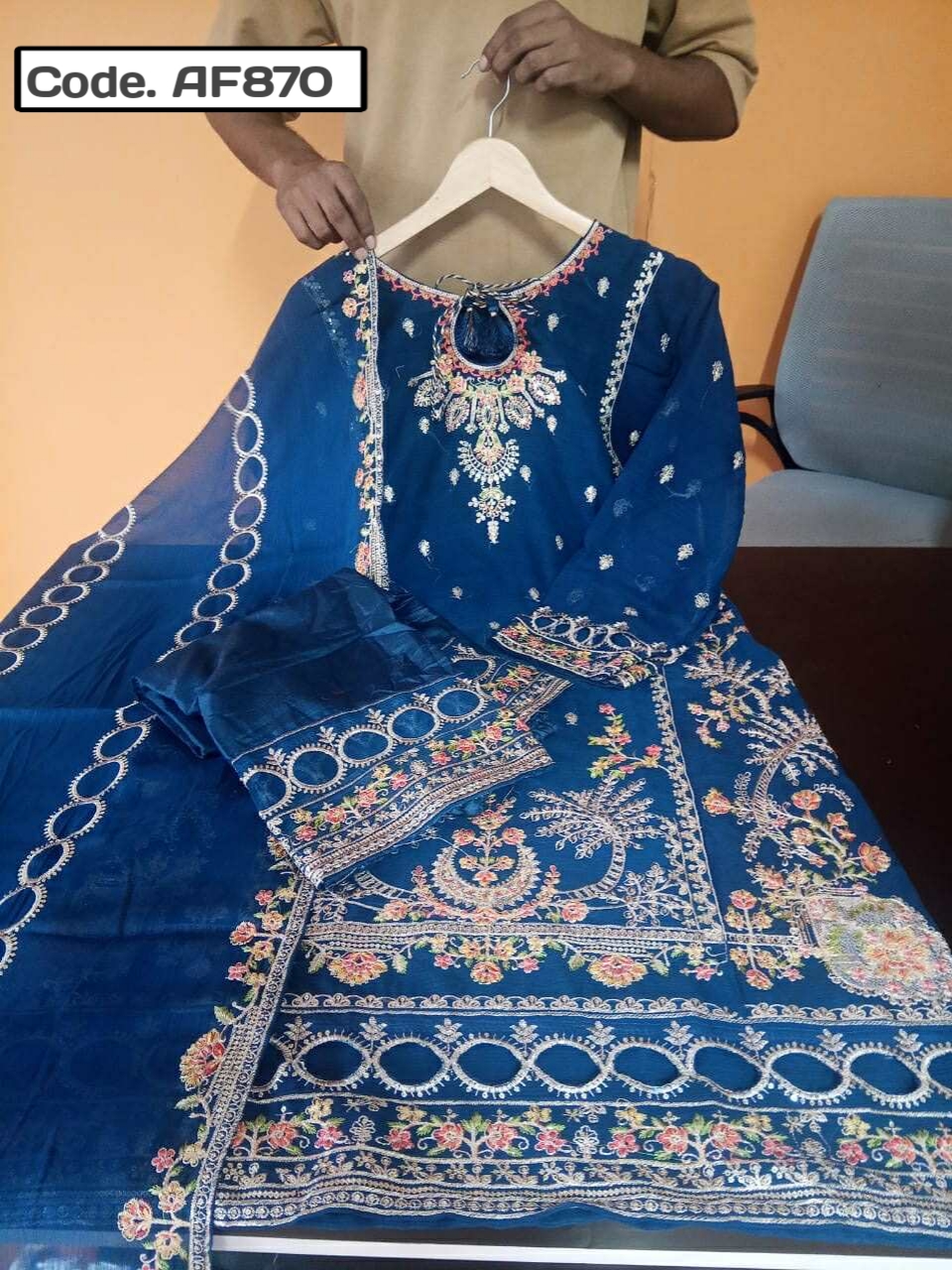 Sadabahar soft organja with embroidery sequence neck pannel hand ston work Code. AF870