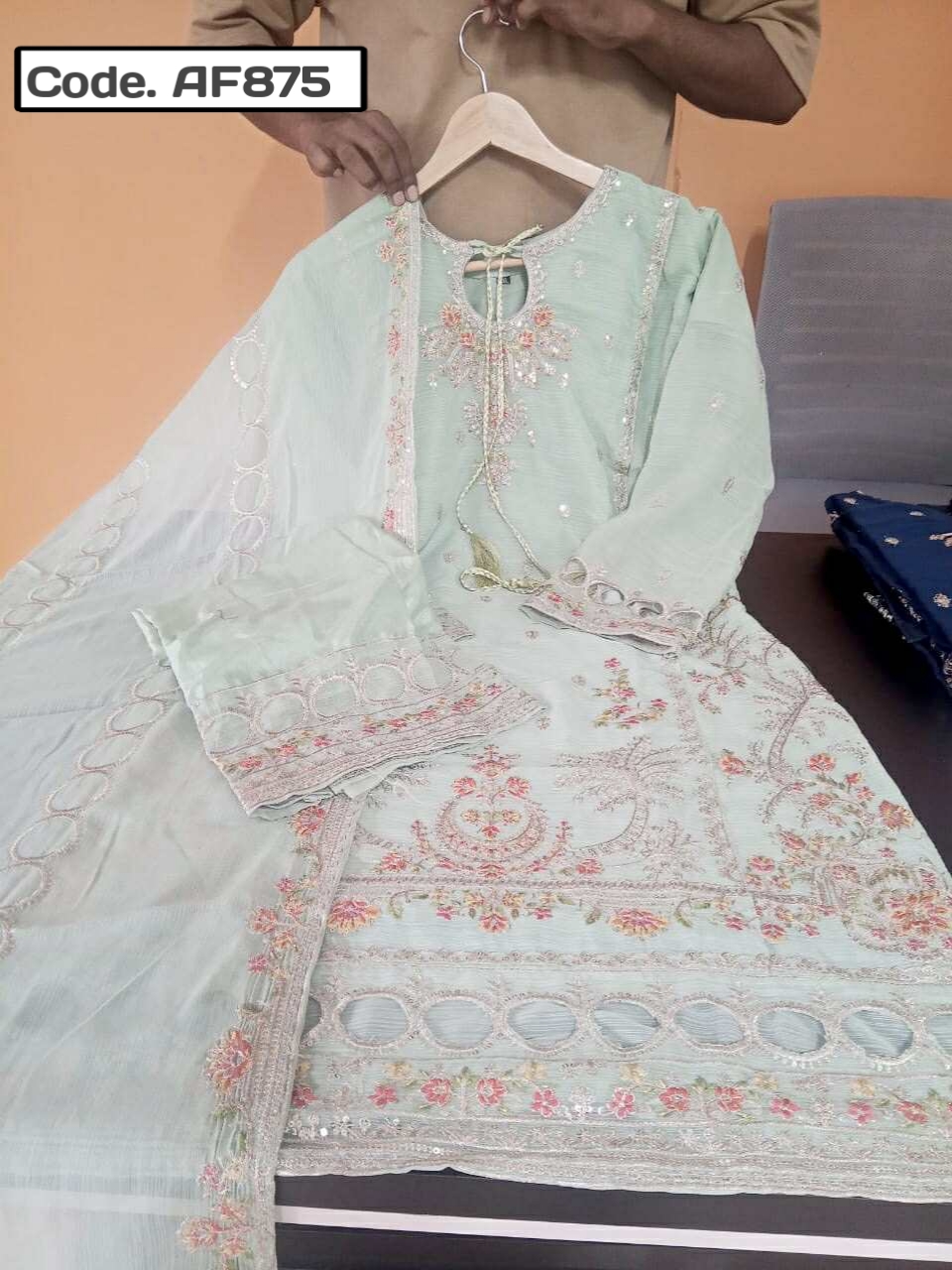 Sadabahar soft organja with embroidery sequence neck pannel hand ston work Code. AF875