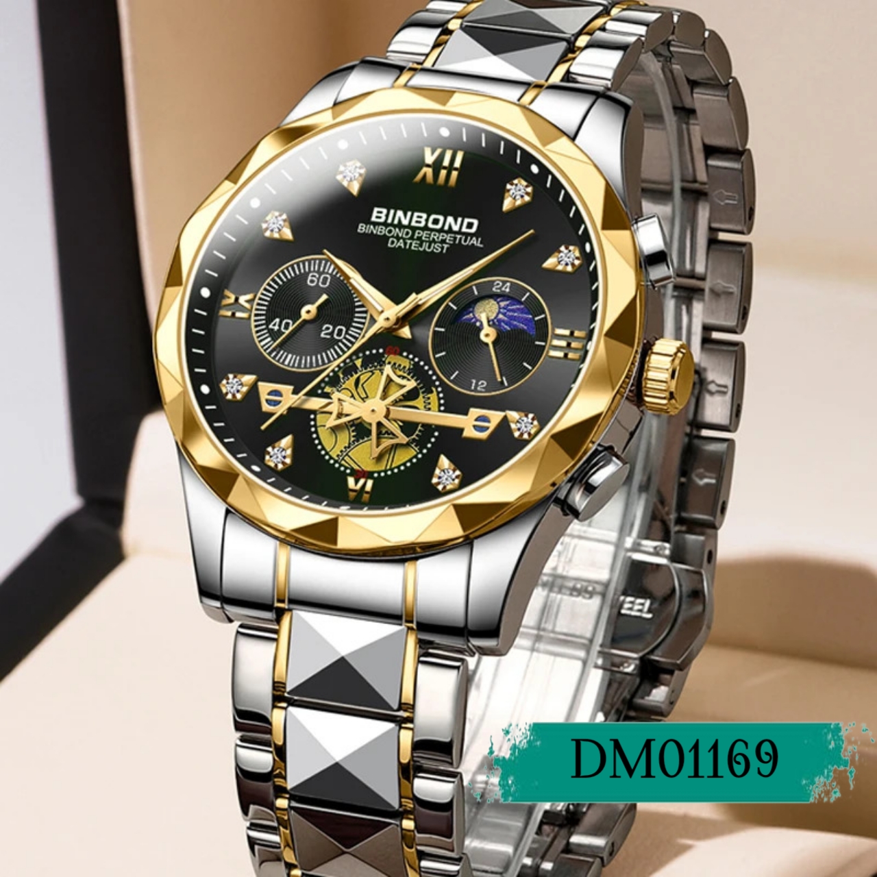 BINBOND B1236 Brand Fashion Tourbillon Dial Quartz Watches Men’s Luxury Stainless Steel + Free Chain cutter @ battery . Code.DM01169