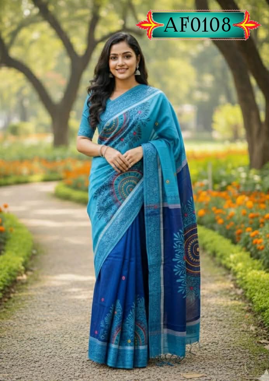 প্রিমিয়াম ধুপিয়ান সিল্ক শাড়ি ,ব্লক প্রিন্ট ও এমব্রয়ডারি কাজ Code. AF0108