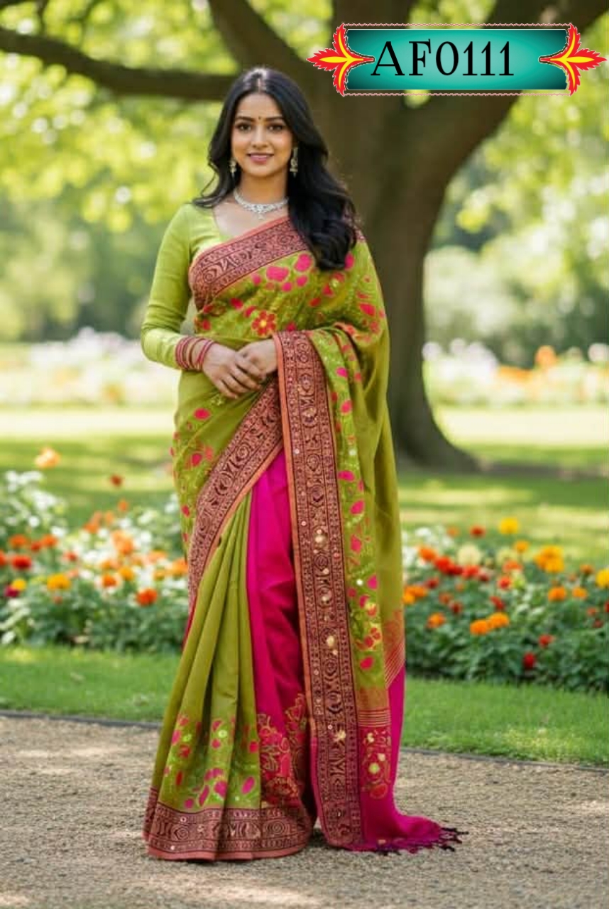 প্রিমিয়াম ধুপিয়ান সিল্ক শাড়ি ,ব্লক প্রিন্ট ও এমব্রয়ডারি কাজ Code. AF0111