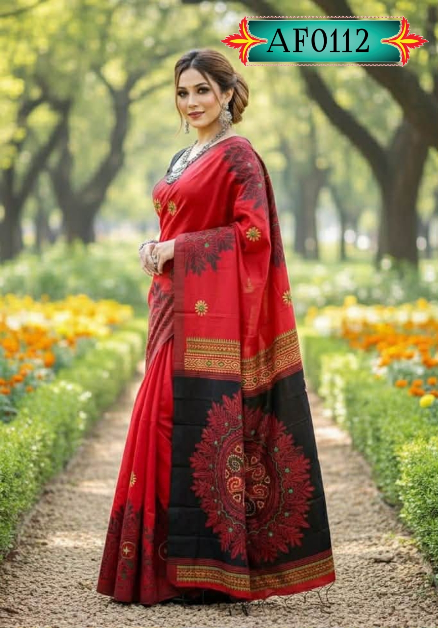 প্রিমিয়াম ধুপিয়ান সিল্ক শাড়ি ,ব্লক প্রিন্ট ও এমব্রয়ডারি কাজ Code. AF0112