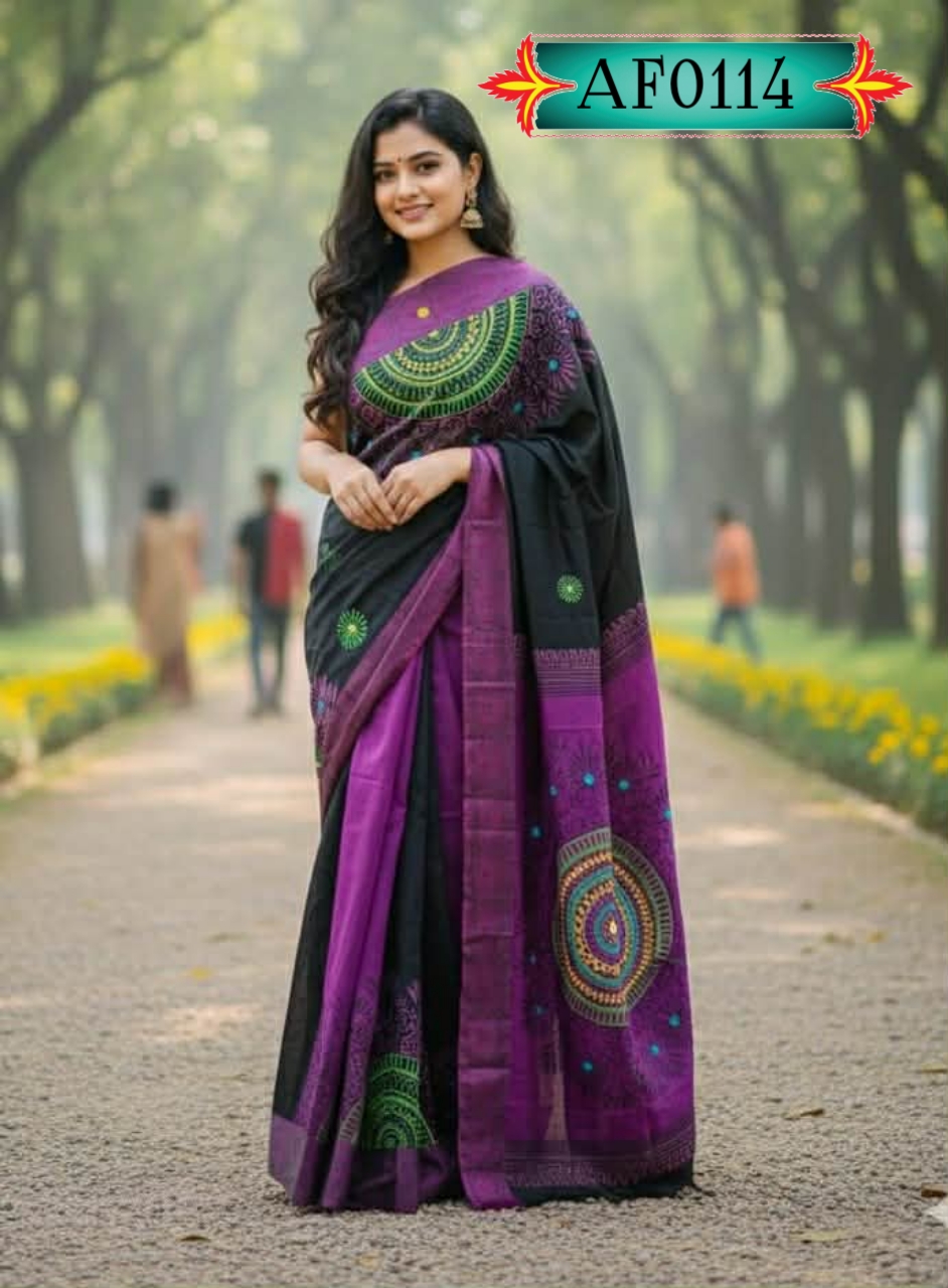 প্রিমিয়াম ধুপিয়ান সিল্ক শাড়ি ,ব্লক প্রিন্ট ও এমব্রয়ডারি কাজ Code. AF0114