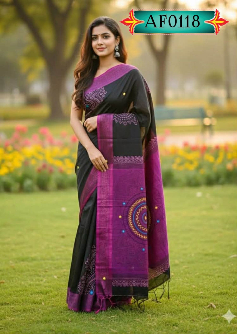 প্রিমিয়াম ধুপিয়ান সিল্ক শাড়ি ,ব্লক প্রিন্ট ও এমব্রয়ডারি কাজ Code. AF0118