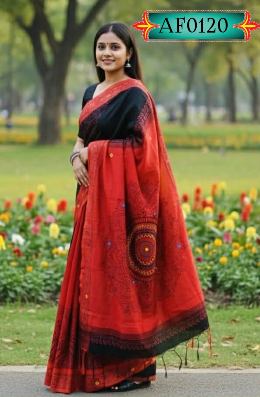 প্রিমিয়াম ধুপিয়ান সিল্ক শাড়ি ,ব্লক প্রিন্ট ও এমব্রয়ডারি কাজ Code. AF0120