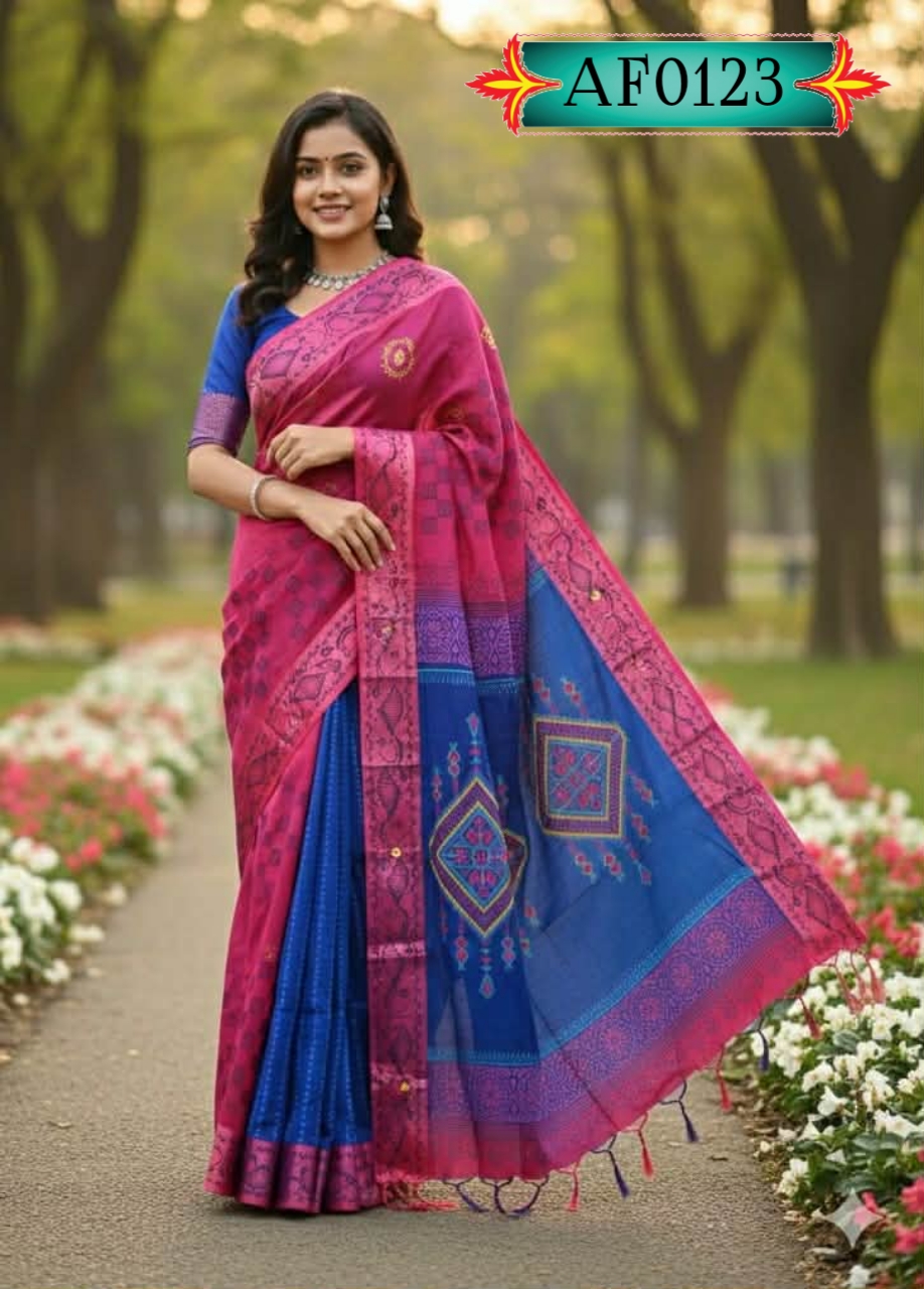 প্রিমিয়াম ধুপিয়ান সিল্ক শাড়ি ,ব্লক প্রিন্ট ও এমব্রয়ডারি কাজ Code. AF0123