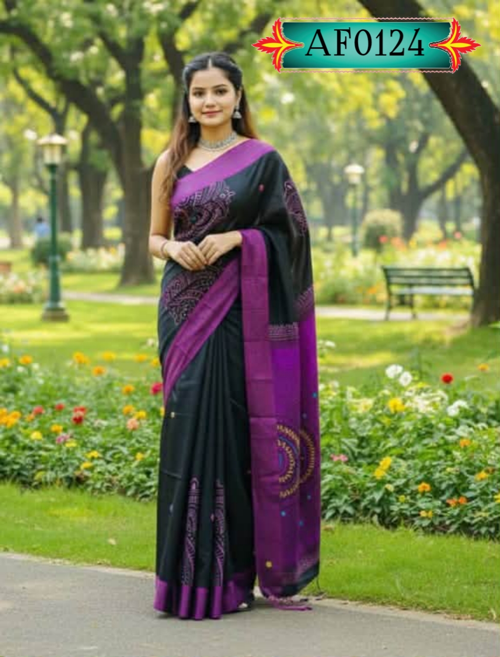 প্রিমিয়াম ধুপিয়ান সিল্ক শাড়ি ,ব্লক প্রিন্ট ও এমব্রয়ডারি কাজ Code. AF0124