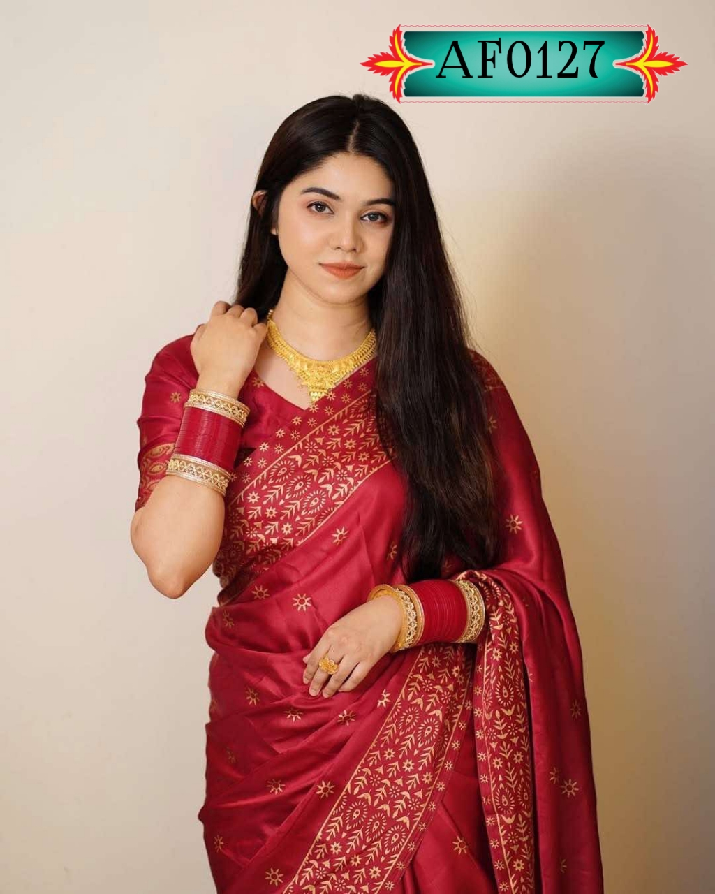 উন্নত মানের হাফ সিল্ক শাড়ি স্কিন প্রিন্টের কাজ করা Code. AF0127