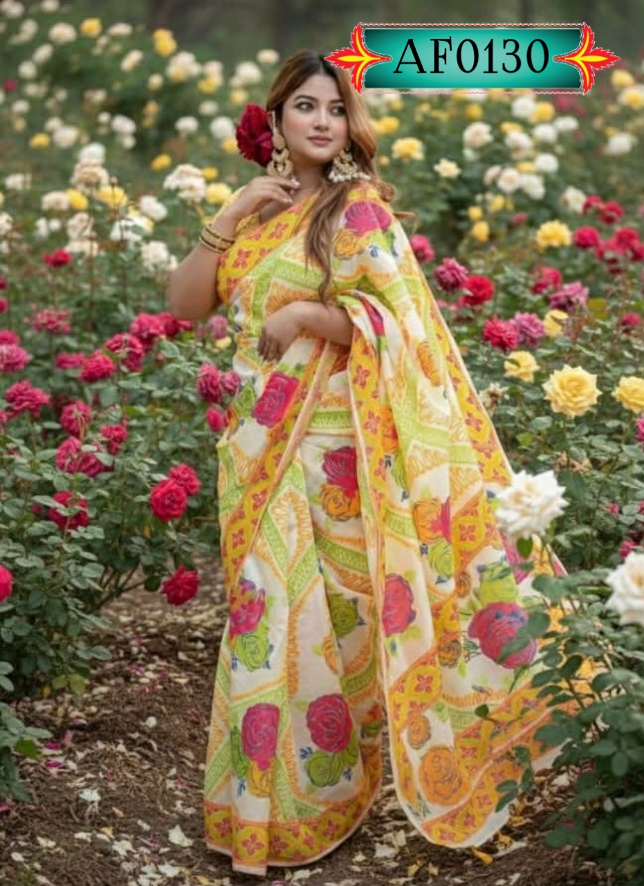 উন্নত মানের হাফ সিল্ক শাড়ি স্কিন প্রিন্টের কাজ করা Code. AF0130