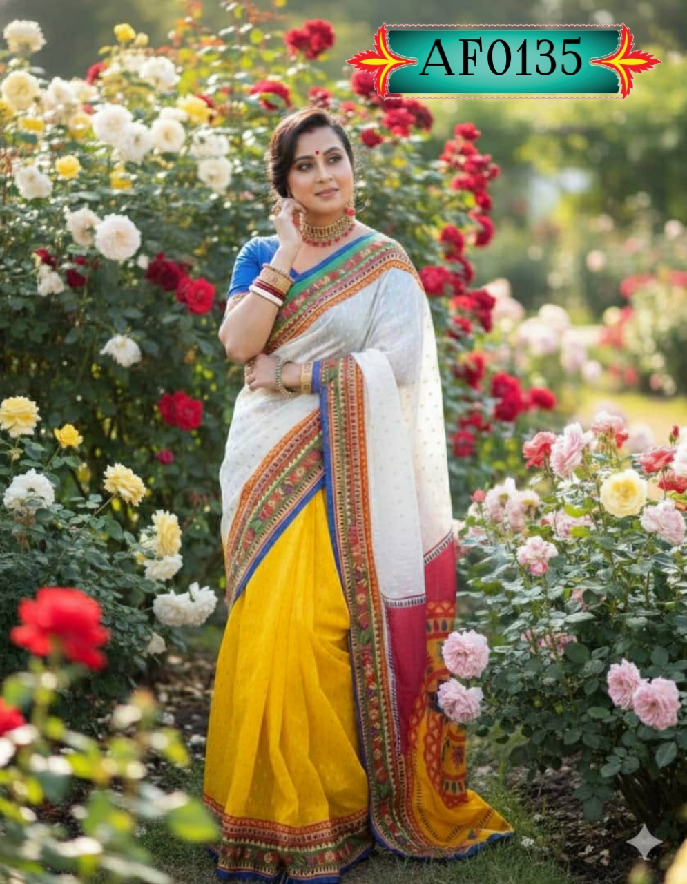 উন্নত মানের হাফ সিল্ক শাড়ি স্কিন প্রিন্টের কাজ করা Code. AF0135