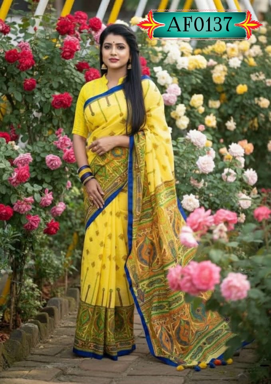 উন্নত মানের হাফ সিল্ক শাড়ি স্কিন প্রিন্টের কাজ করা Code. AF0137