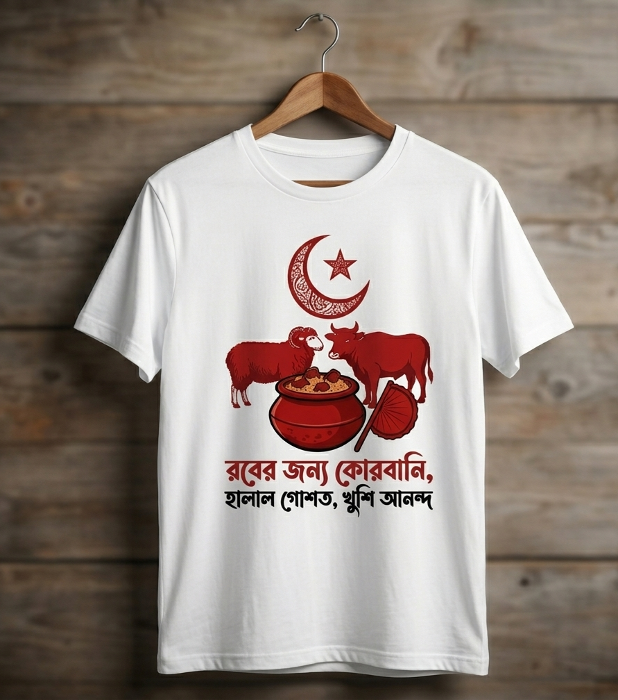 "রবের জন্য কোরবানি, হালাল গোশত, খুশি আনন্দ" — ঈদুল আযহা স্পেশাল টি-শার্ট